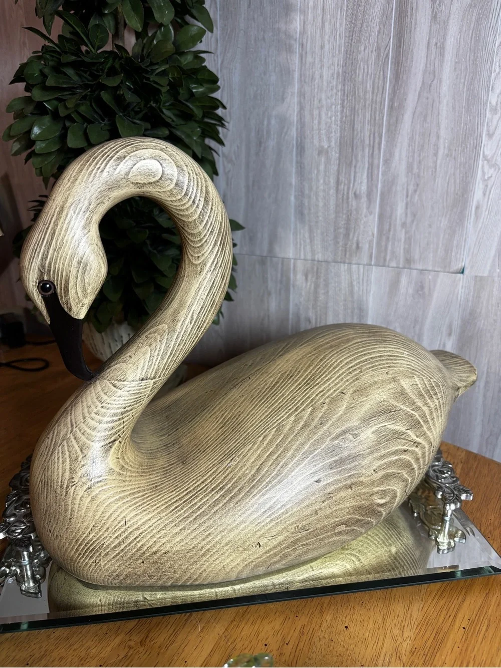 Vintage Large Faux Wood Grain Swan Sculpture Mid-Century Modern Coastal